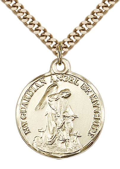 14KT GOLD FILLED GUARDIAN ANGEL PENDANT ON A CHAIN - 7/8" x 3/4"